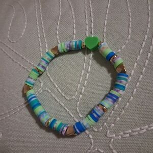 Green Heart Clay Beaded Stretch Bracelet - Multicolor Pastel